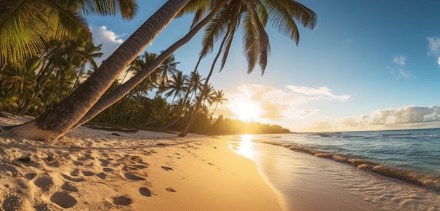 Una playa con palmeras y la puesta de sol.