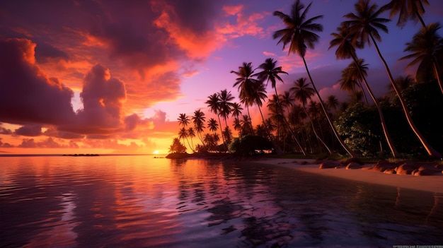 Una playa con palmeras y una puesta de sol.