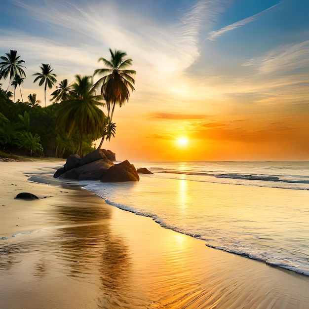 Una playa con palmeras y la puesta de sol.