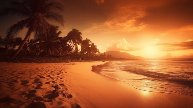 Una playa con palmeras y una puesta de sol.