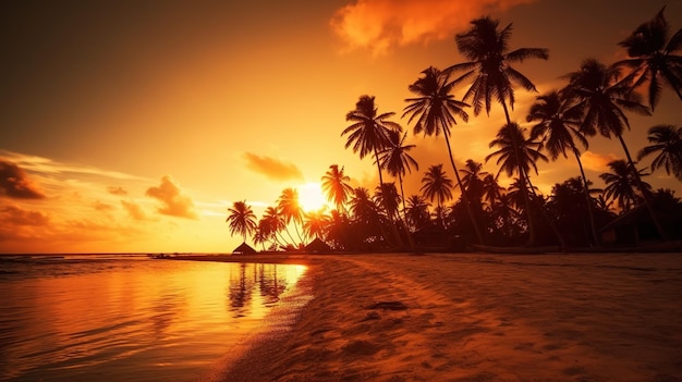 Una playa con palmeras y la puesta de sol.