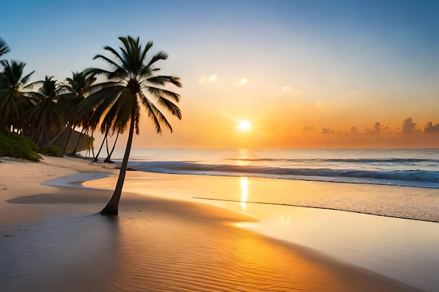 Una playa con palmeras y la puesta de sol.