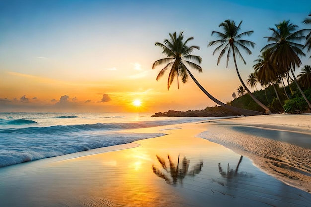 Una playa con palmeras y la puesta de sol.