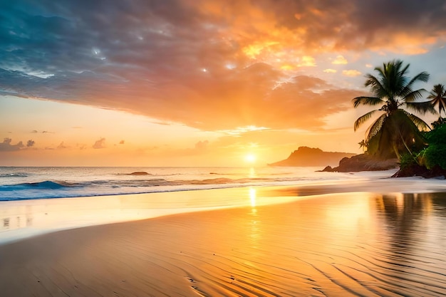 Una playa con palmeras y una puesta de sol.