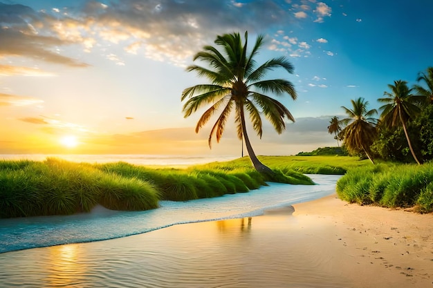 Una playa con palmeras y una puesta de sol.