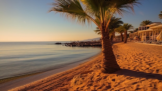 Una playa con palmeras y una puesta de sol.