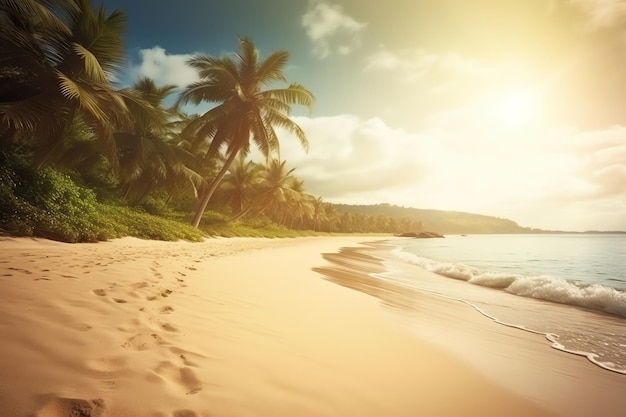 Una playa con palmeras y una puesta de sol.