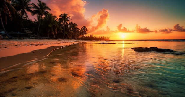 Una playa con palmeras y la puesta de sol.