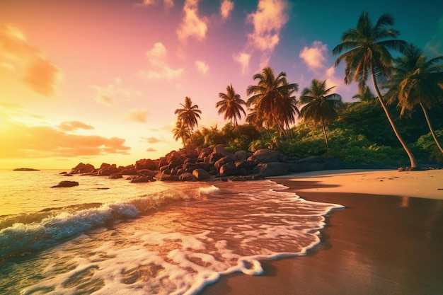 Una playa con palmeras y una puesta de sol.