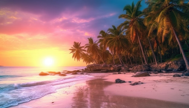 Una playa con palmeras y la puesta de sol.