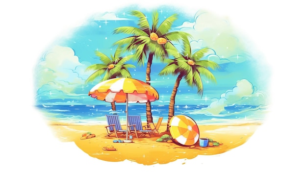 Una playa con palmeras y sillas bajo una sombrilla Arte generativo con IA