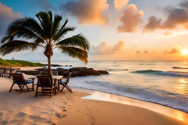 Una playa con palmeras y sillas.