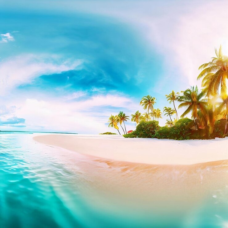 Una playa con palmeras y el sol brillando sobre ella.