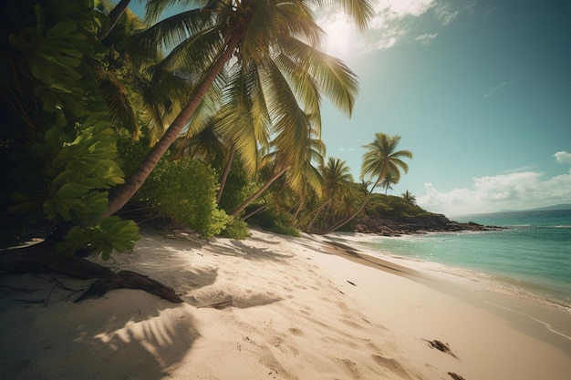 Una playa con palmeras y el sol brillando sobre ella.