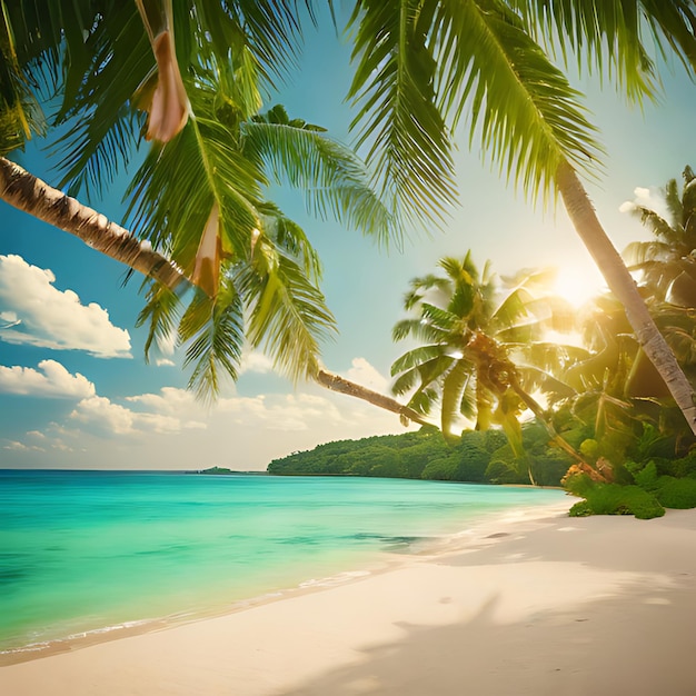 Foto una playa con palmeras y un sol brillando a través de las nubes