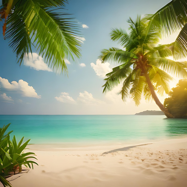 una playa con palmeras y el sol brillando a través de las nubes