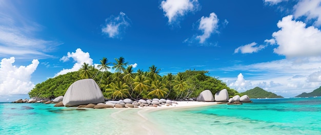 Playa paradisíaca de una isla tropical palmeras arena blanca agua azul IA generativa
