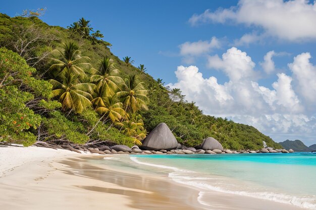 Playa paradisíaca de una isla tropical palmeras arena blanca agua azul IA generativa