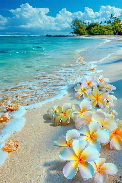 Playa del Paraíso Arena blanca Plumeria Ola del océano Playa exótica Vacaciones tropicales Flores de hibisco