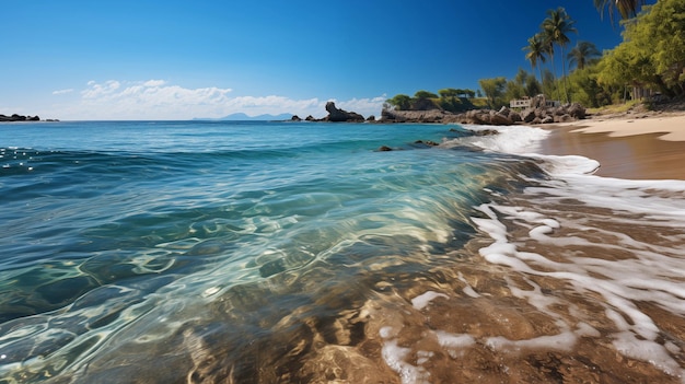 Playa de paraíso tropical con arena blanca y agua de mar azul viajes turismo amplio panorama de fondo