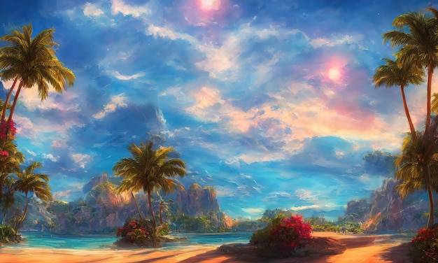 Playa paraíso tropical hermosas palmeras mágicas colgando en la orilla del mar Cielo azul y agua de mar azul El sol ilumina la playa de la costa y el océano Ilustración 3d