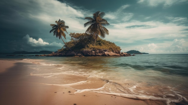 Una playa con una pequeña isla y palmeras.
