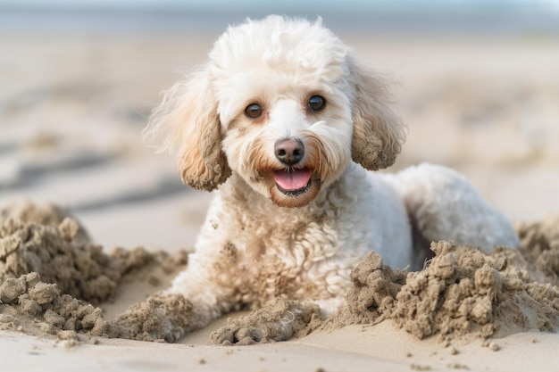 En la playa, un pequeño perro caniche con orejas caídas está cavando y jugando en la arena