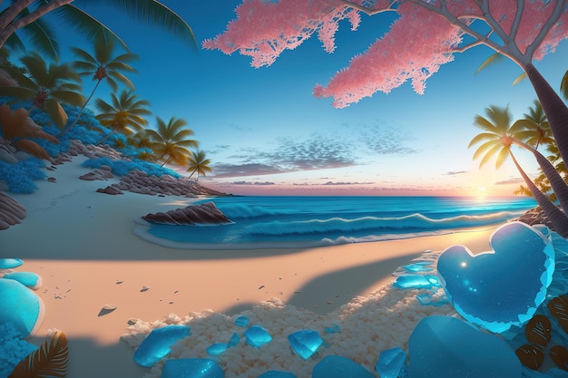 Una playa con una piedra azul y un corazón rosa.