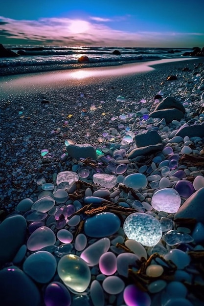 Una playa con piedras y cristales.