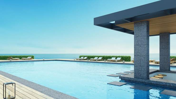 Playa piscina de lujo bar resort vista al mar - 3D rendering