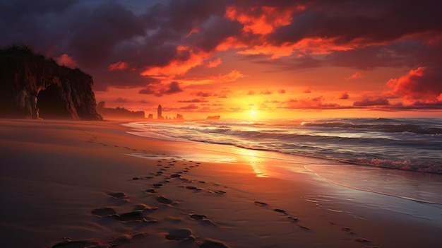 Playa pisoteada a la luz del atardecer