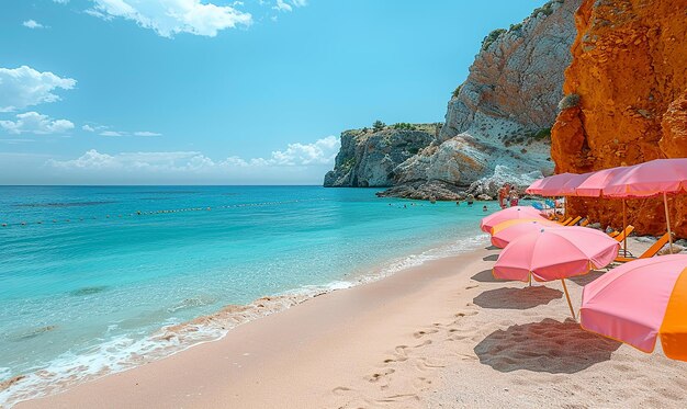 una playa con una playa y un acantilado con una escena de playa con paraguas rosas y un océano azul