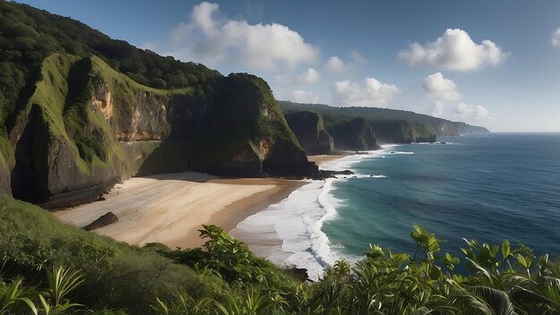 una playa con una playa y acantilados en el fondo