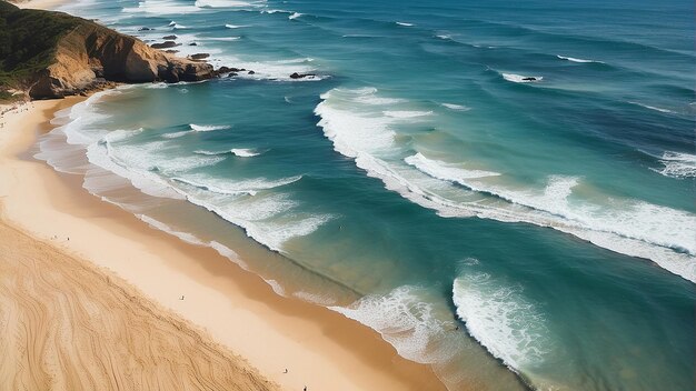 una playa con una playa de arena y olas chocando contra la arena