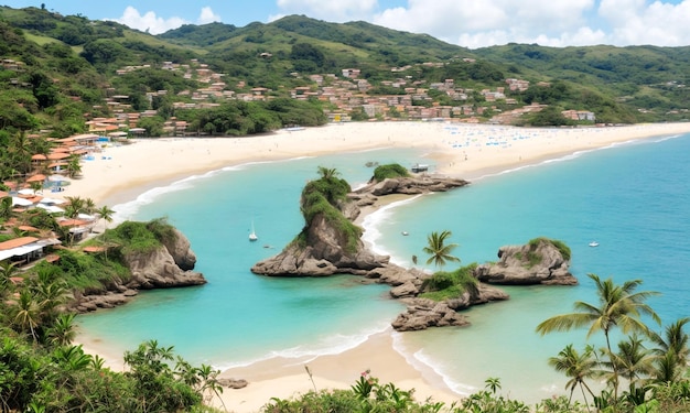 una playa con una playa y casas al fondo