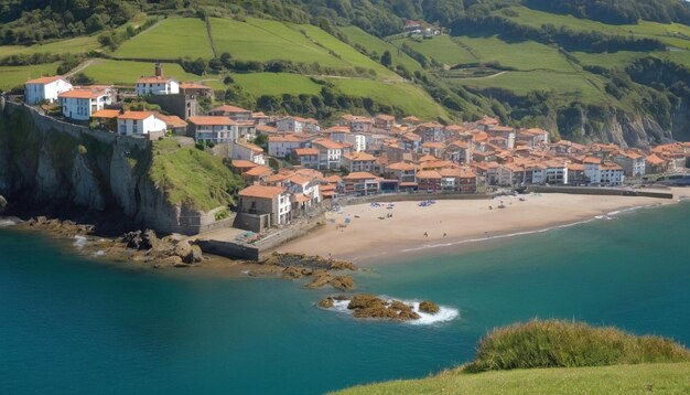 una playa con una playa y casas en la orilla