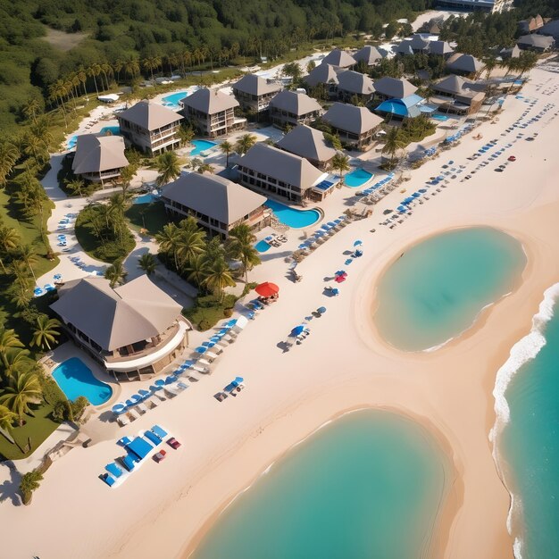 Foto una playa con una playa y un hotel a la izquierda