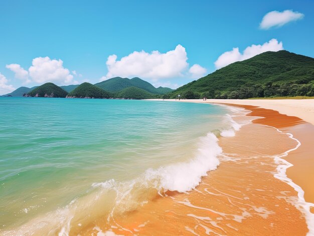 Foto una playa con una playa y una montaña en el fondo