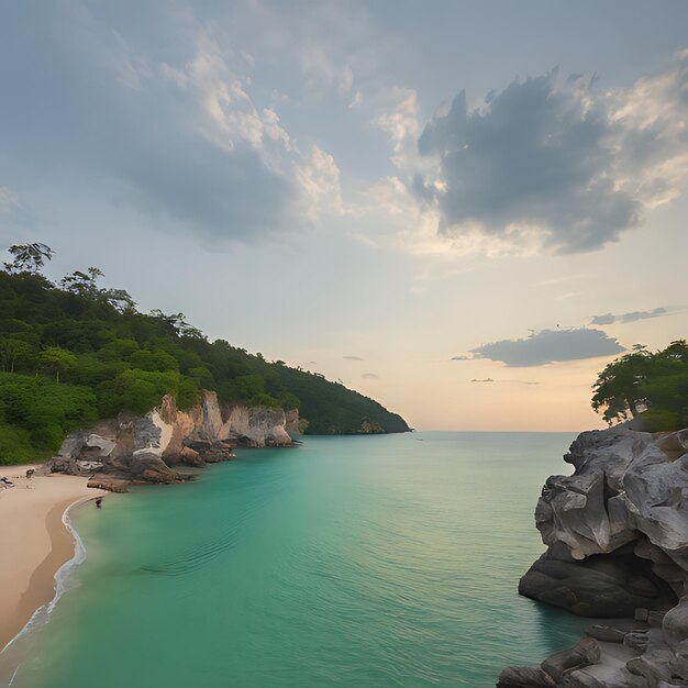 una playa con una playa y una montaña en el fondo