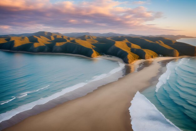 Una playa con playa y montañas al fondo.