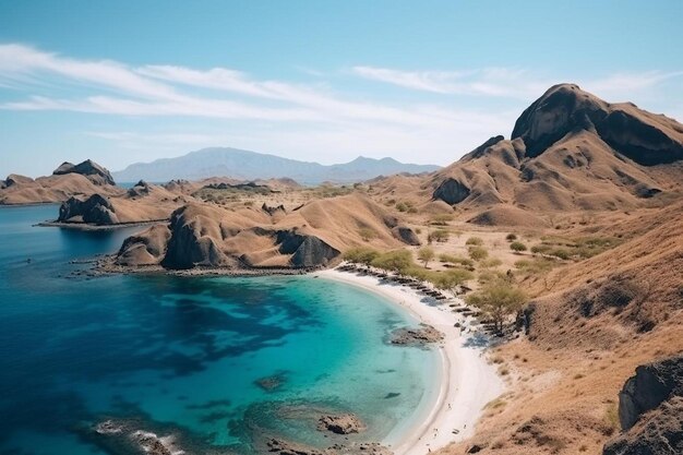 Foto una playa con una playa y montañas en el fondo