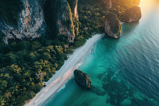 Foto una playa con una playa y montañas en el fondo