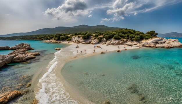 Foto una playa con una playa y montañas en el fondo