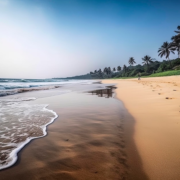 Una playa con playa y palmeras al fondo.