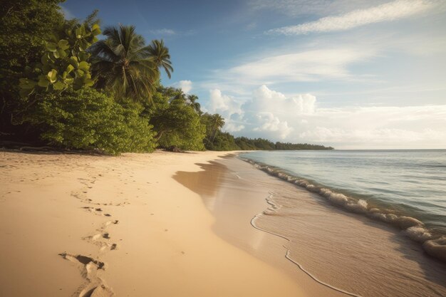 Una playa con playa y palmeras al fondo.