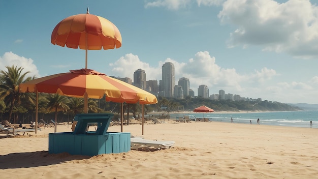 una playa con una playa y un paraguas y una ciudad en el fondo