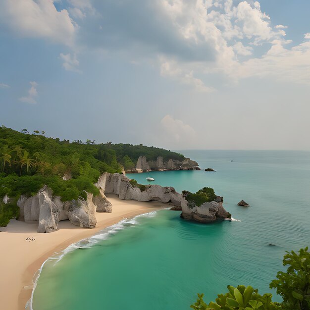 Foto una playa con una playa y una playa con una escena de playa con una cena de playa en el fondo