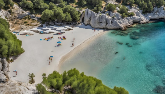 Foto una playa con una playa y una playa con un playa y una escena de playa con una escena de praia