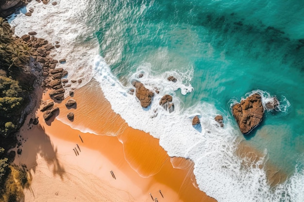 Una playa con playa y rocas y mar azul.