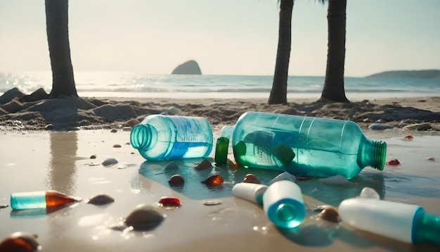 Foto una playa con unas pocas botellas y una botella de agua